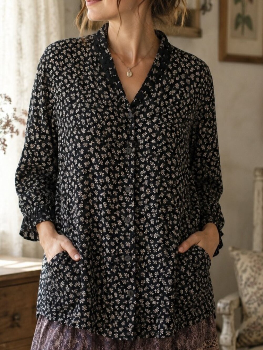 April Cornell Floral Button Shirt Jacket Blouse Rayon Black Floral L Prairie